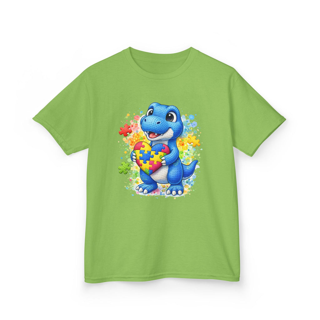 Kids T‑Shirt — Cute Blue Dinosaur Holding Puzzle Heart (Autism Awareness)