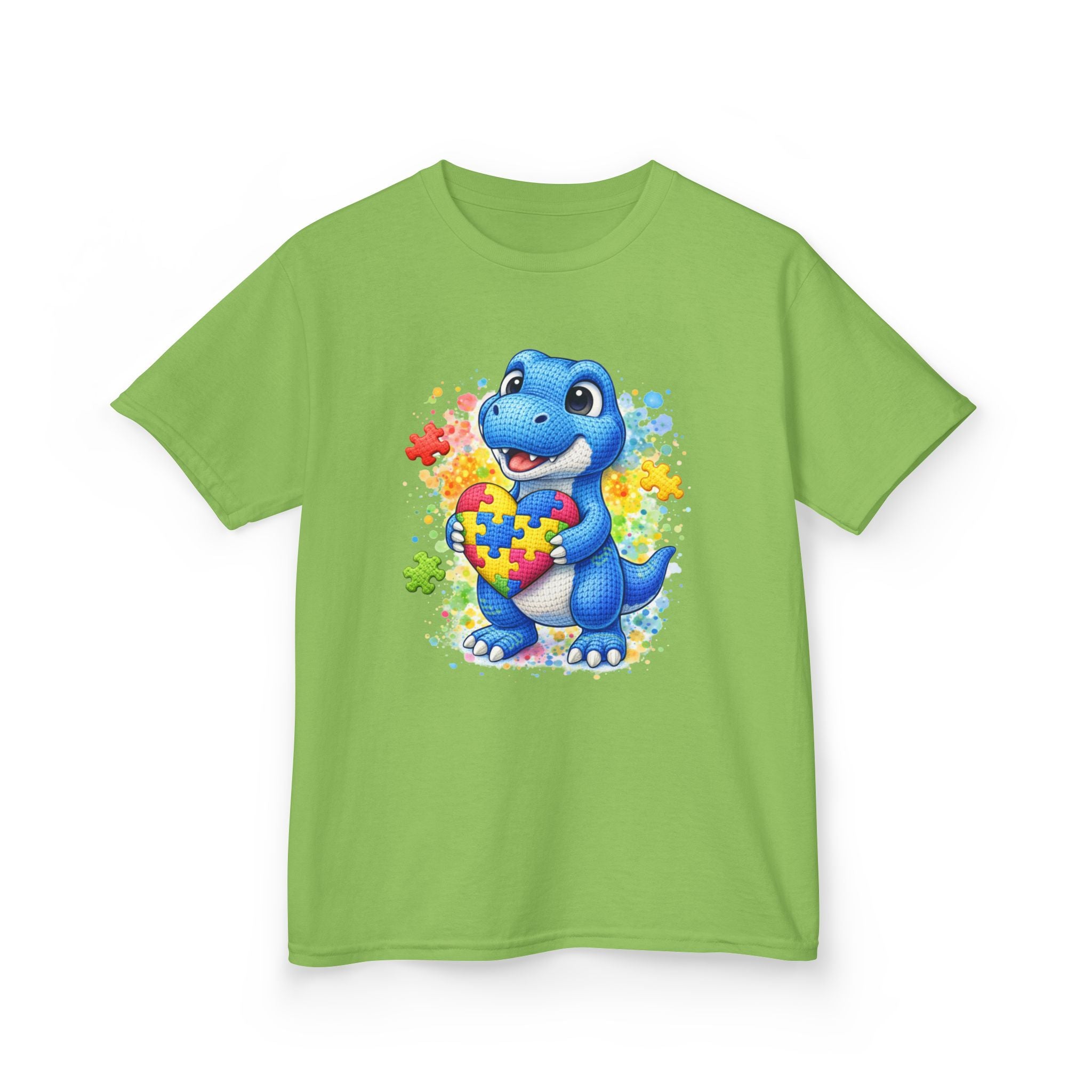 Kids T‑Shirt — Cute Blue Dinosaur Holding Puzzle Heart (Autism Awareness)