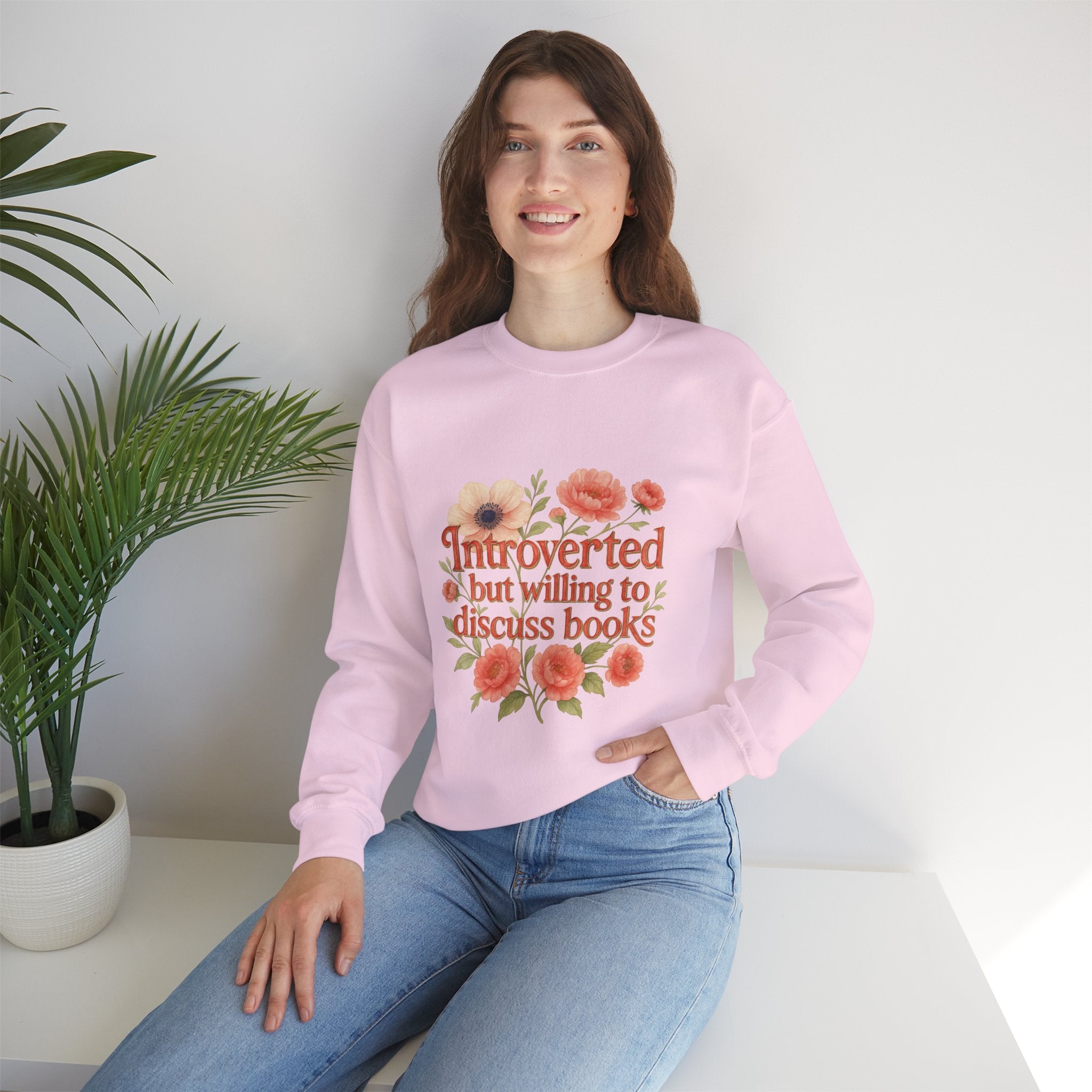 Booklover Sweatshirt — "Introverted but willing to discuss books" Floral Crewneck