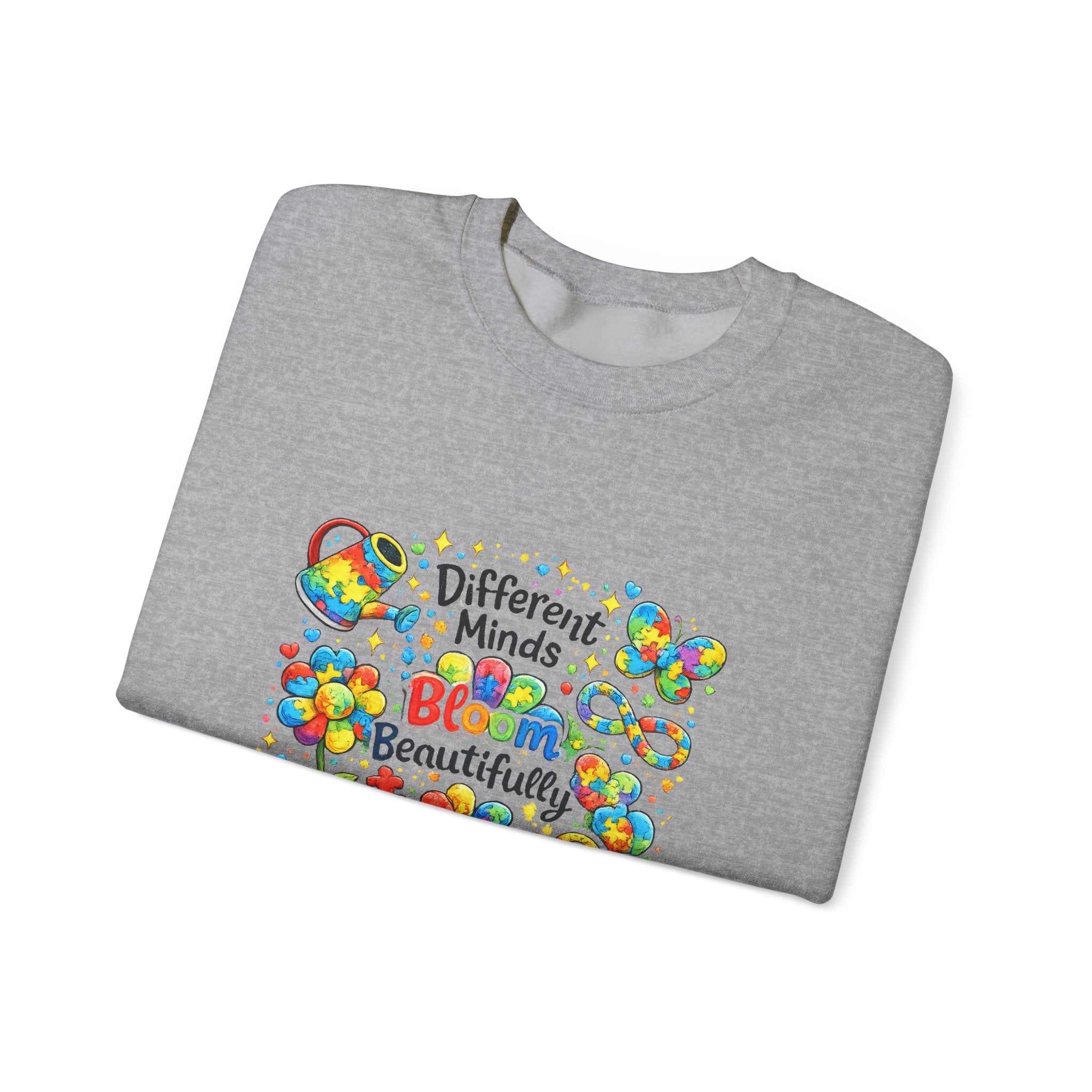 Autism Awareness Crewneck Sweatshirt — “Different Minds Bloom Beautifully” Colorful Puzzle Flower Design