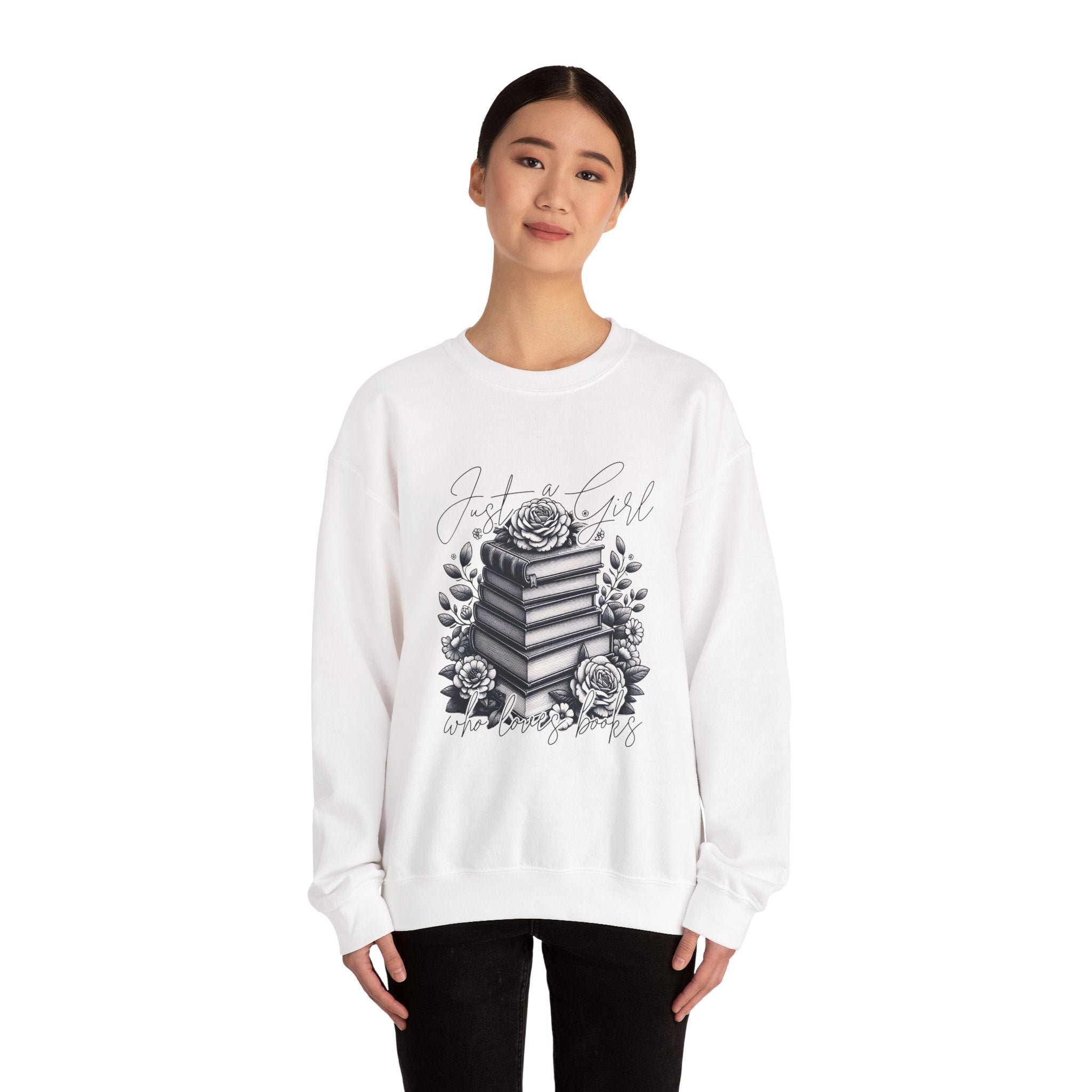 Book Lover Crewneck Sweatshirt — "Just a Girl Who Loves Books" Floral Stack Design