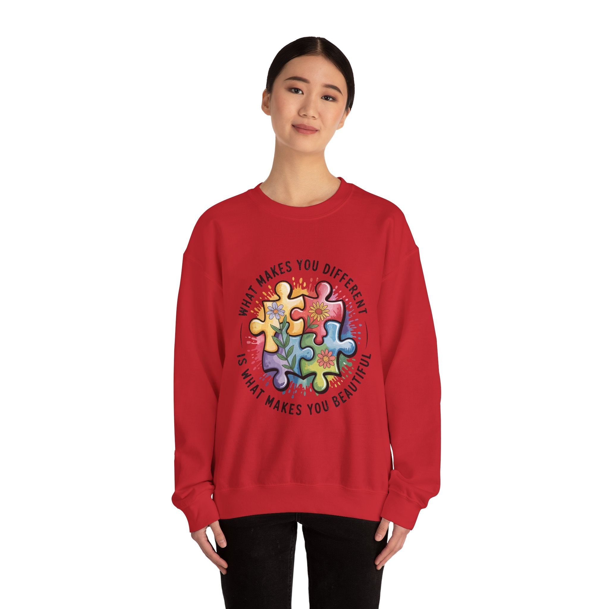 Autism Awareness Crewneck Sweatshirt — “What Makes You Different Is What Makes You Beautiful”