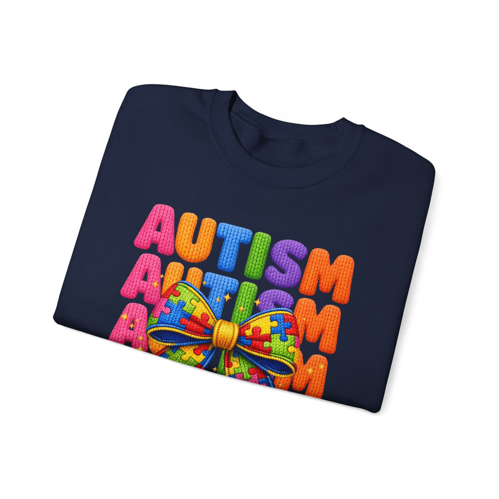 Autism Awareness Crewneck Sweatshirt — Colorful Puzzle Bow Design