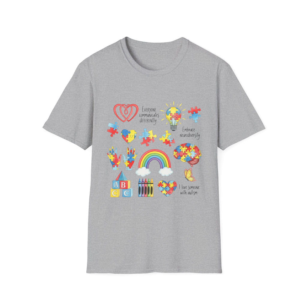 Autism Awareness Icons T-Shirt – Puzzle Heart, Rainbow & Support Symbols