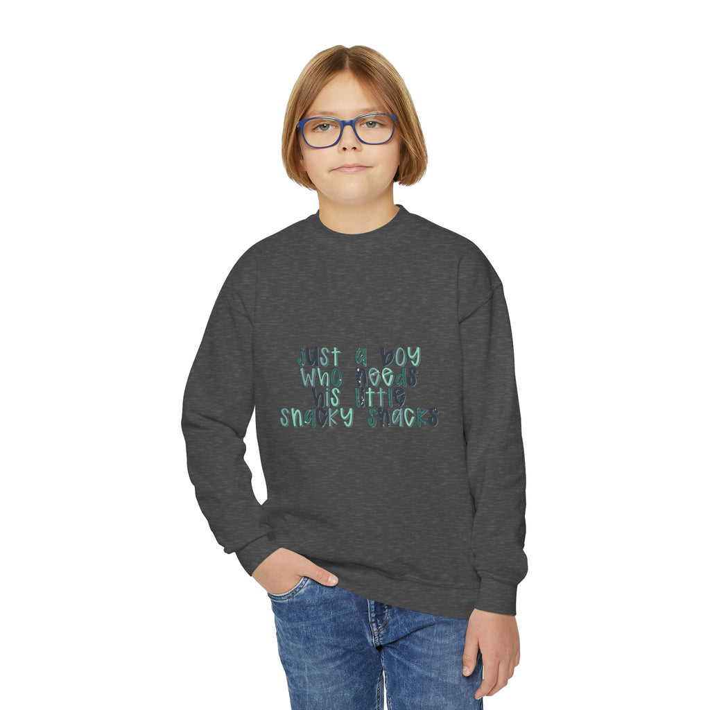 Youth Sweatshirt — "Just a Boy Who Needs His Little Snacky Snacks" Graphic