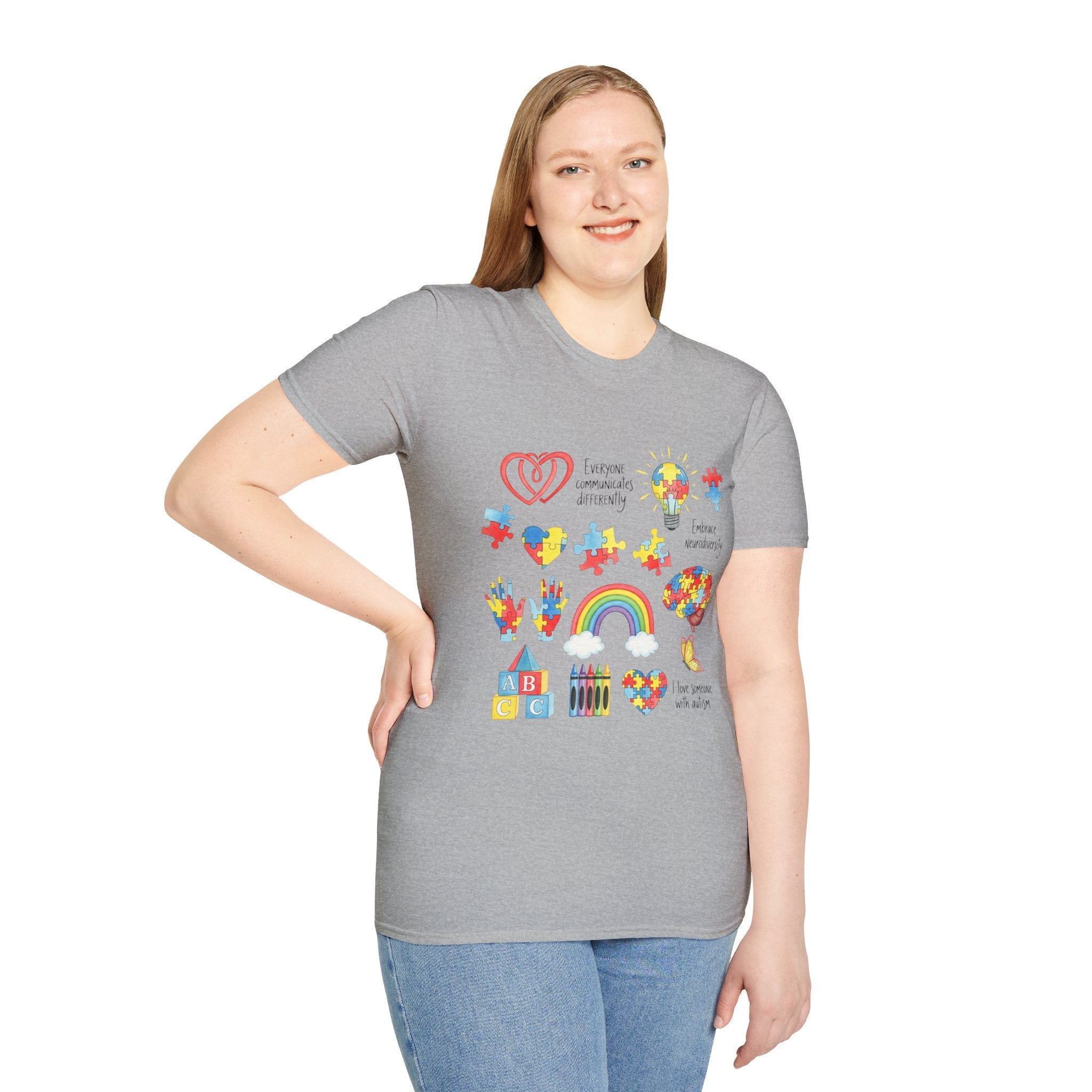 Autism Awareness Icons T-Shirt – Puzzle Heart, Rainbow & Support Symbols