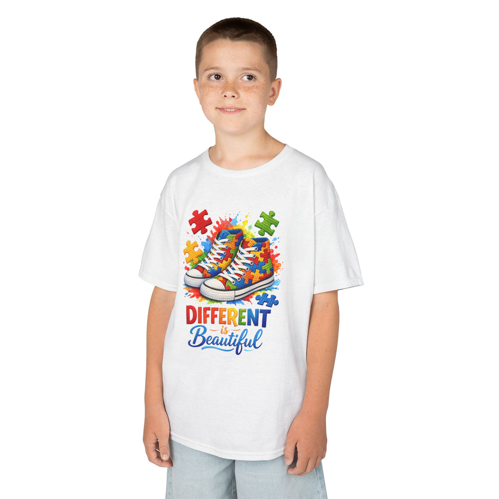 Kids T‑Shirt — 'Different Beautiful' Autism Awareness Sneakers Design