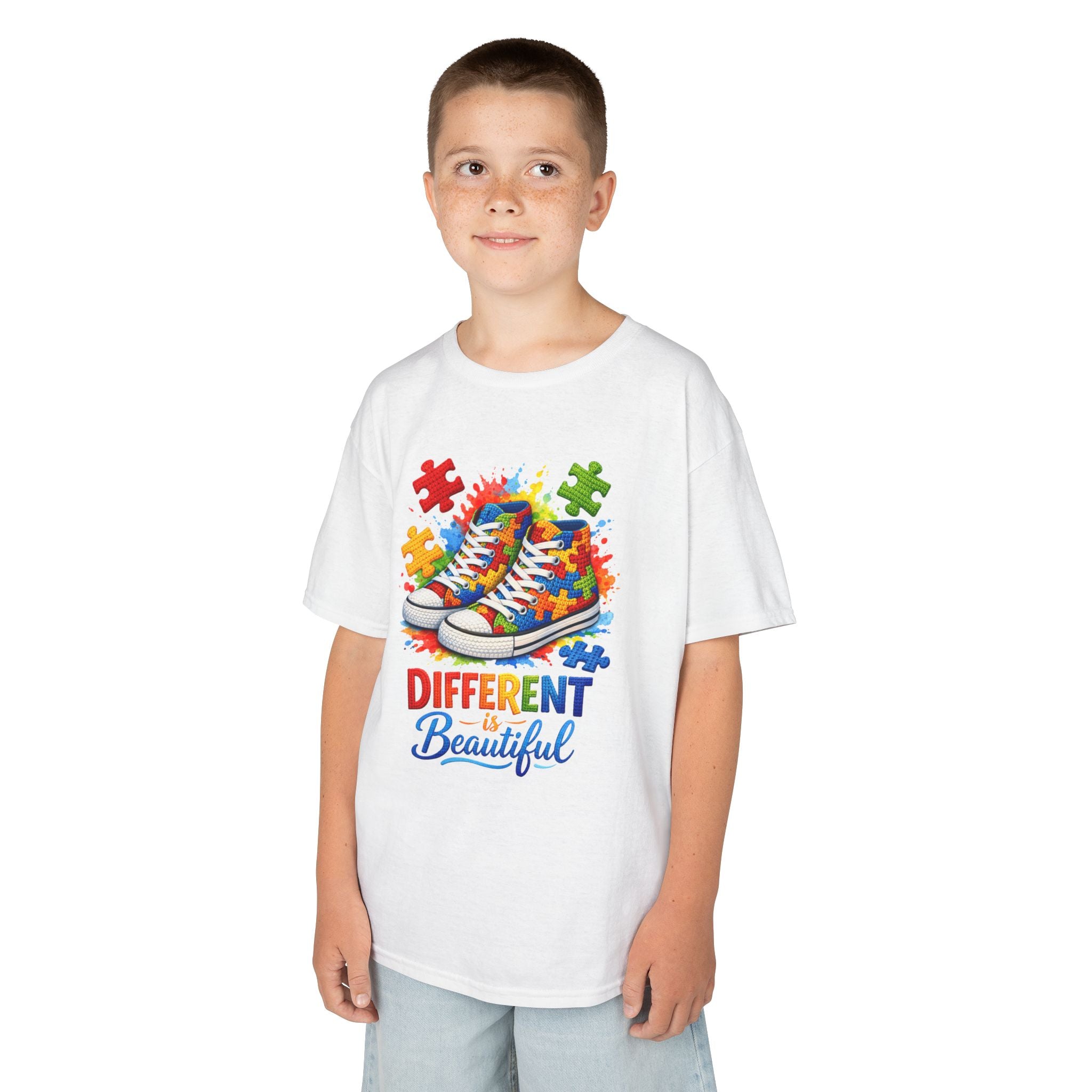 Kids T‑Shirt — 'Different Beautiful' Autism Awareness Sneakers Design