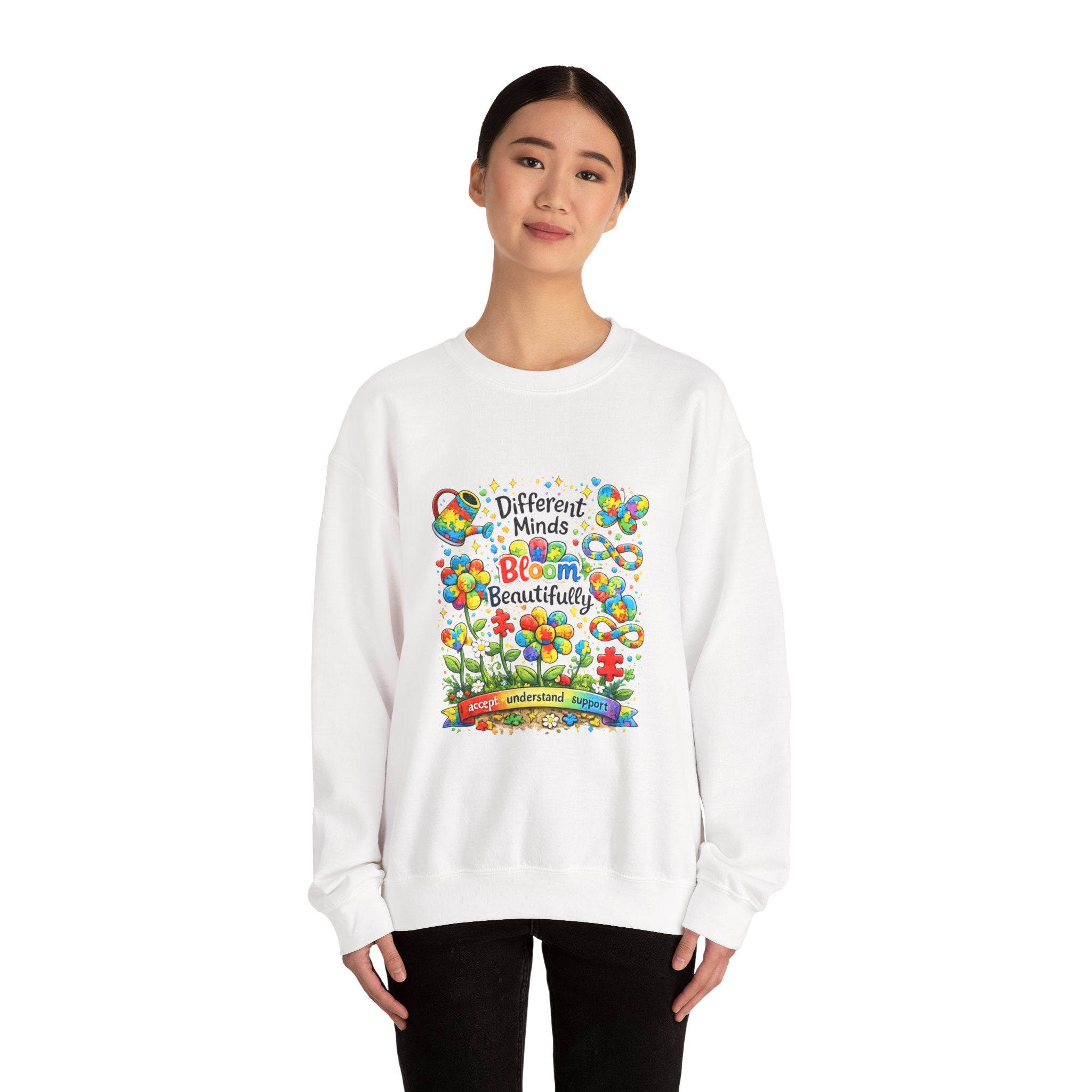 Autism Awareness Crewneck Sweatshirt — “Different Minds Bloom Beautifully” Colorful Puzzle Flower Design