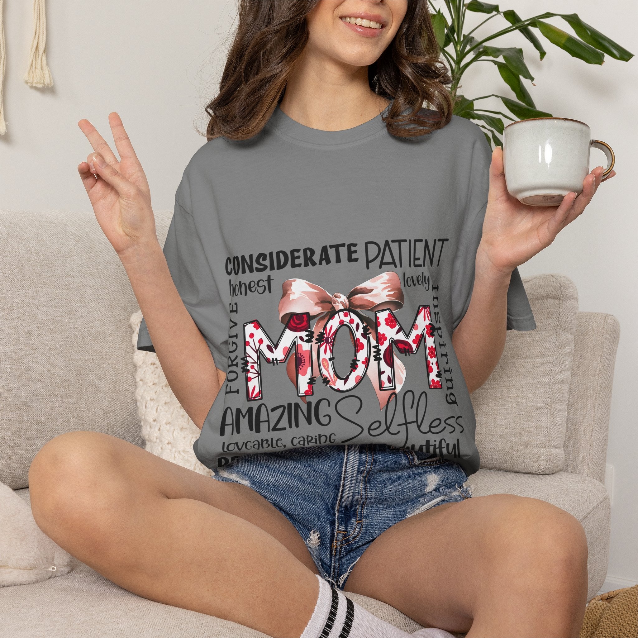 Mom Word-Art T-Shirt — Floral Bow Mother’s Day Tee
