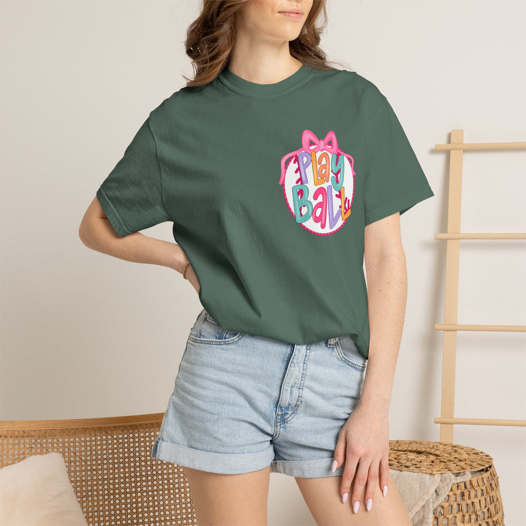 Softball Tee — "Play Ball" Front & "Pitch, Batter, Batter, Swing" Heart Back