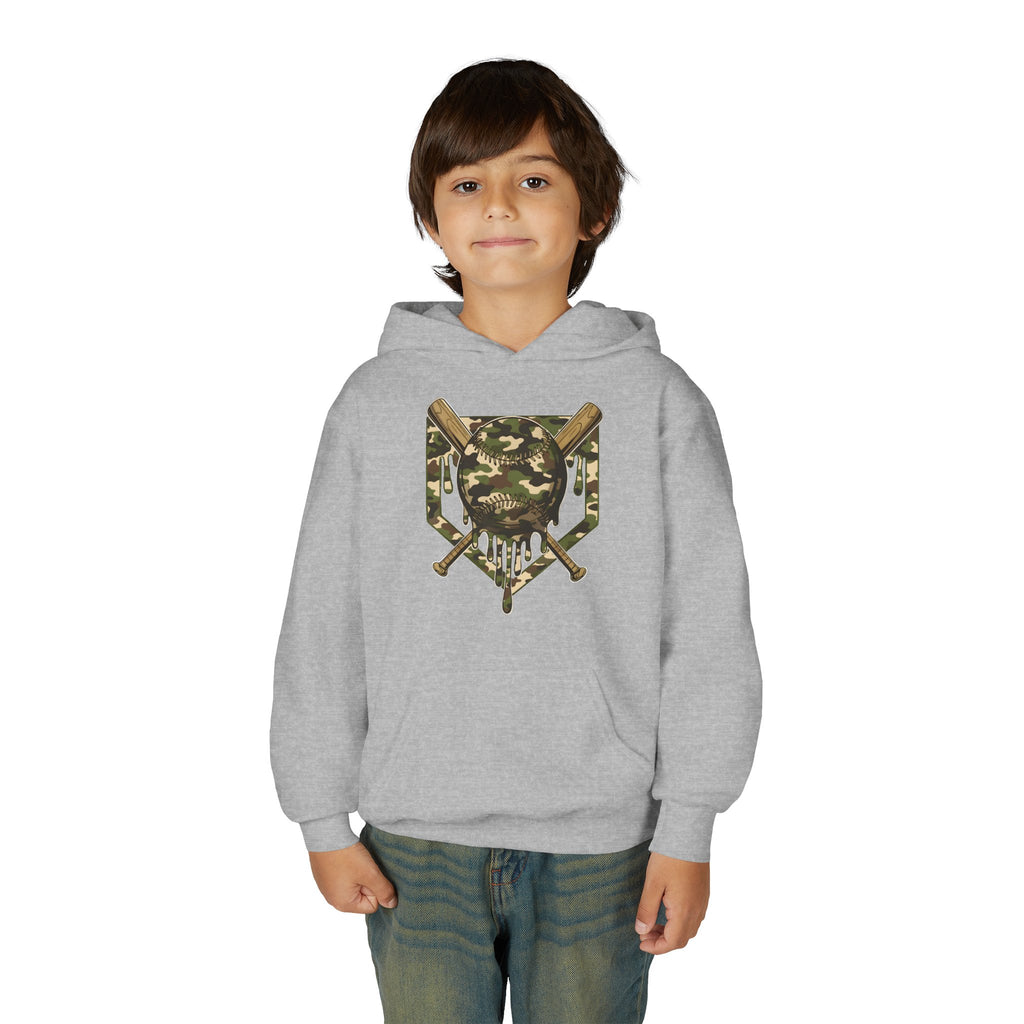 Youth Camo Baseball Crest Hoodie – Camouflage Bat & Home Plate Graphic