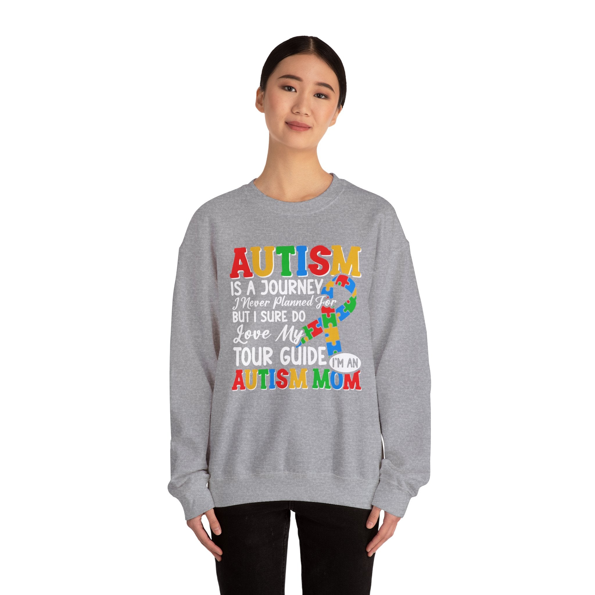 Autism Mom Crewneck Sweatshirt — "Autism Is A Journey" Colorful Puzzle-Heart Design