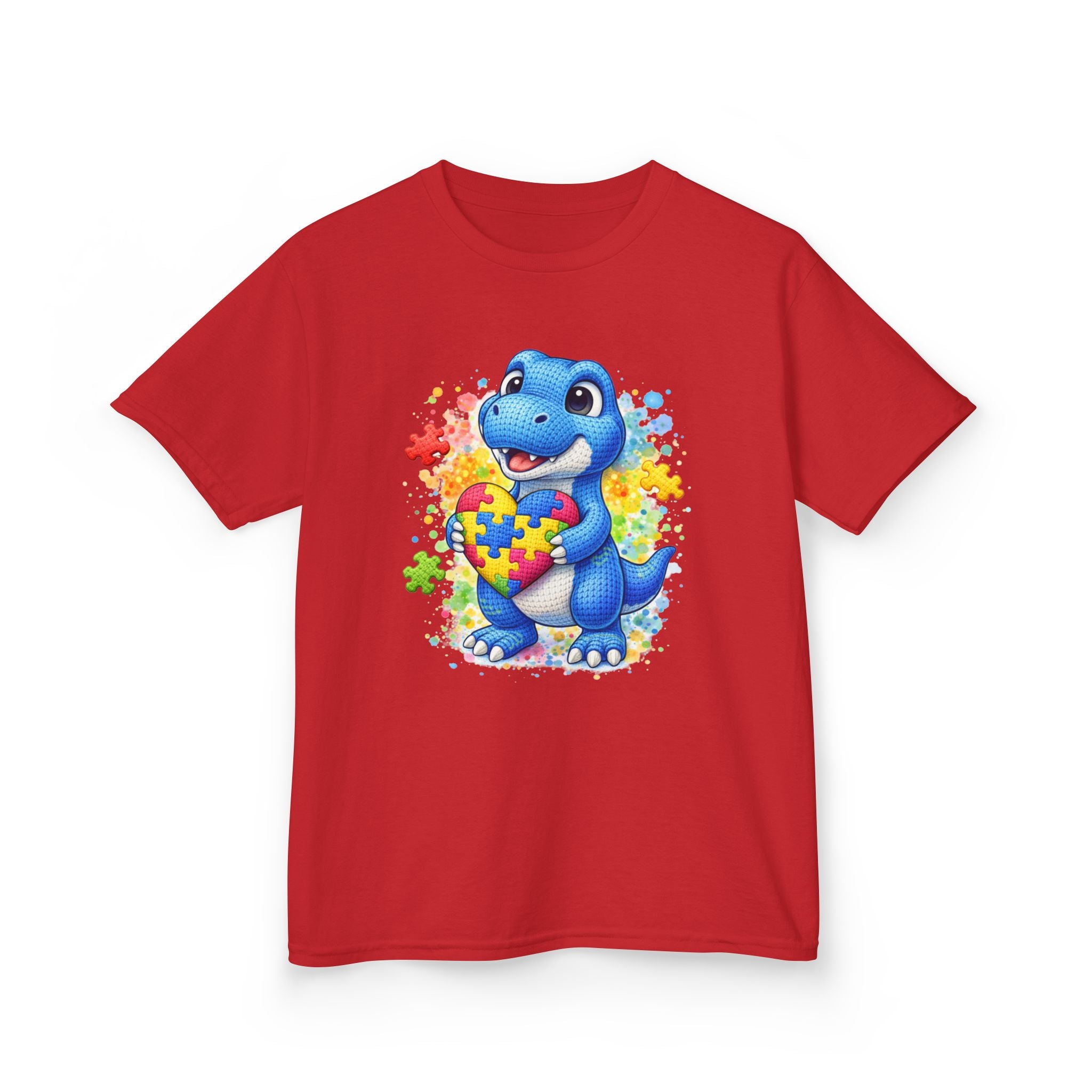 Kids T‑Shirt — Cute Blue Dinosaur Holding Puzzle Heart (Autism Awareness)