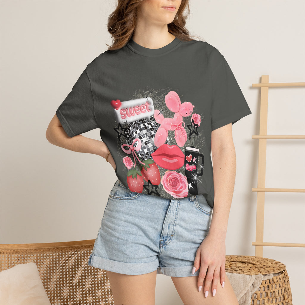 Sweet Kitsch Graphic T-Shirt — Pink Hearts, Lips & Strawberry Design