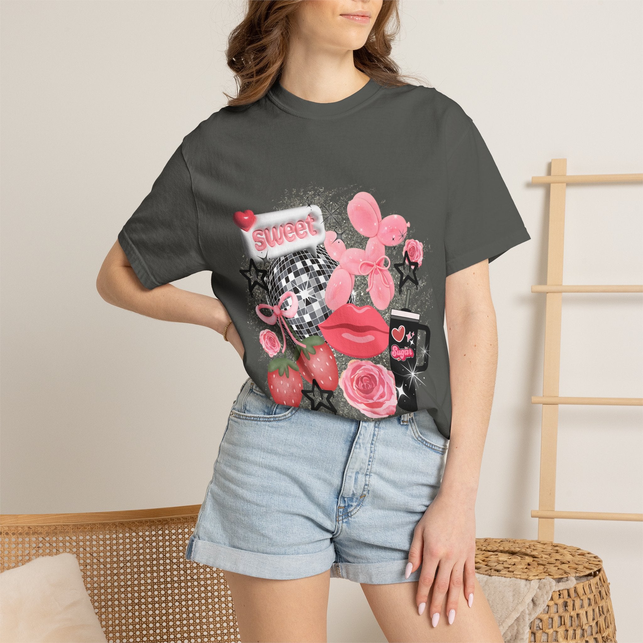 Sweet Kitsch Graphic T-Shirt — Pink Hearts, Lips & Strawberry Design