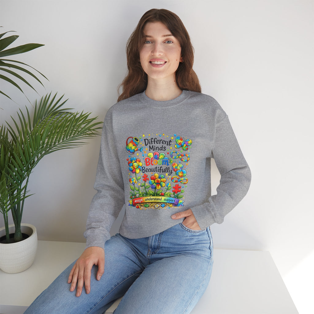 Autism Awareness Crewneck Sweatshirt — “Different Minds Bloom Beautifully” Colorful Puzzle Flower Design
