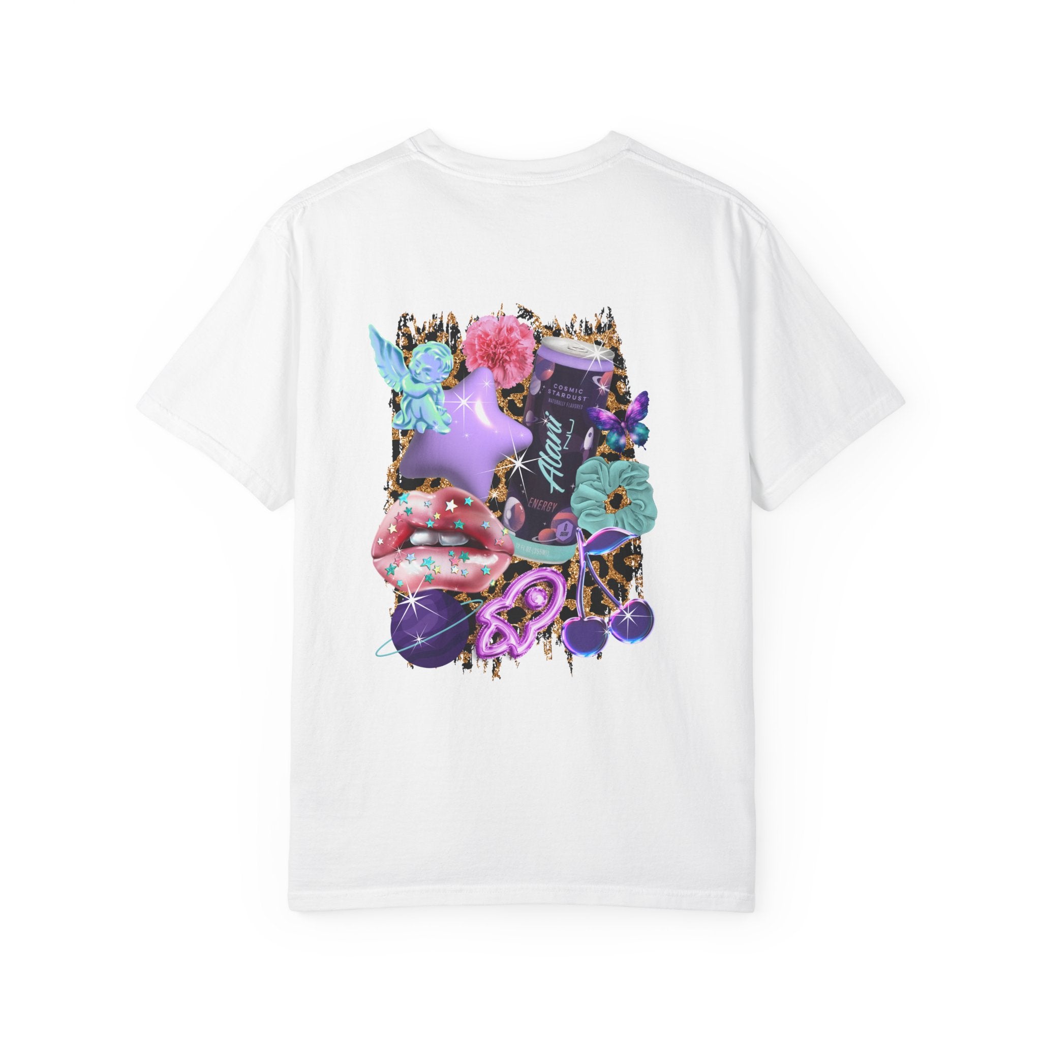 Graphic T-Shirt — 'Alani Nu' Collage Back Print, Retro Floral & Lip Art Tee