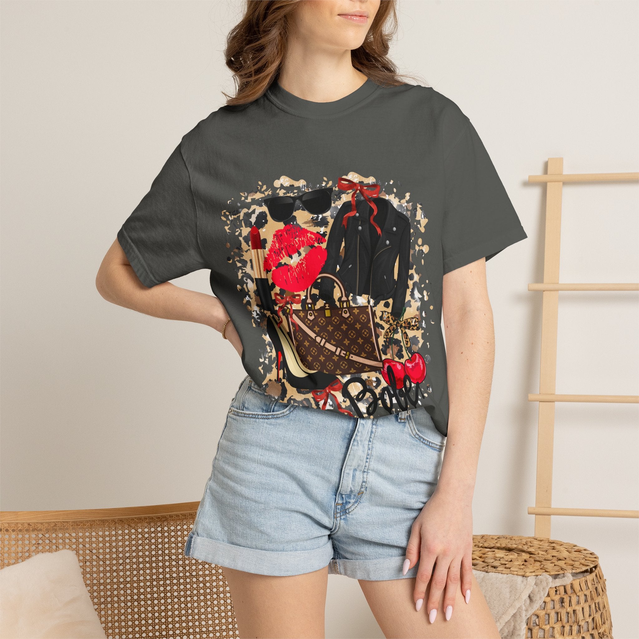 Graphic Fashion Tee — Luxury Handbag & Lips Collage