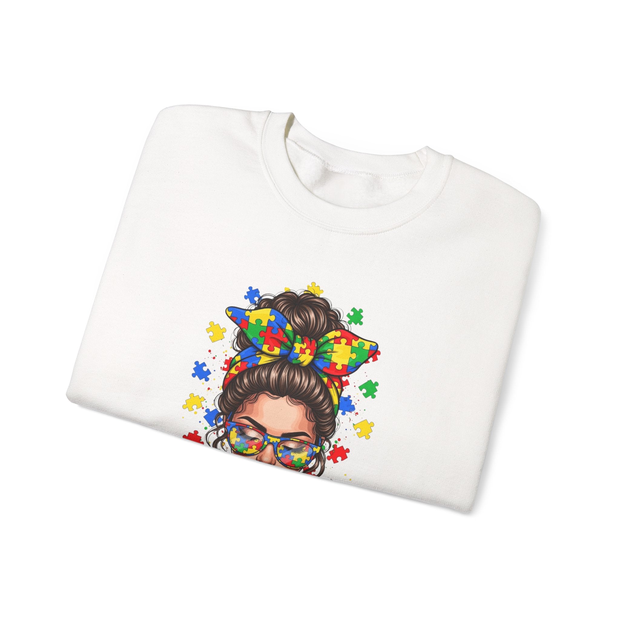 Autism Pride Crewneck Sweatshirt – Colorful Puzzle Ribbon Girl Design