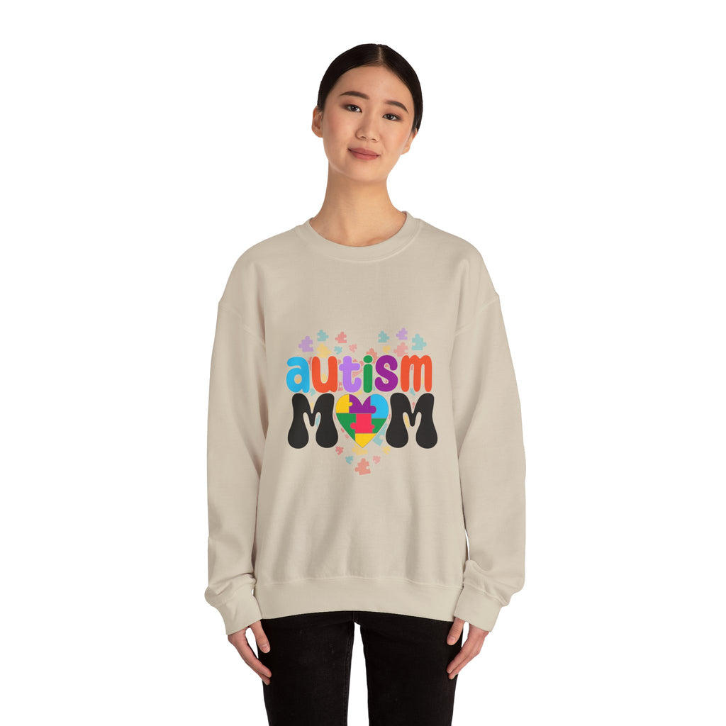 Autism Mom Crewneck Sweatshirt — Colorful Puzzle Heart Awareness Pullover