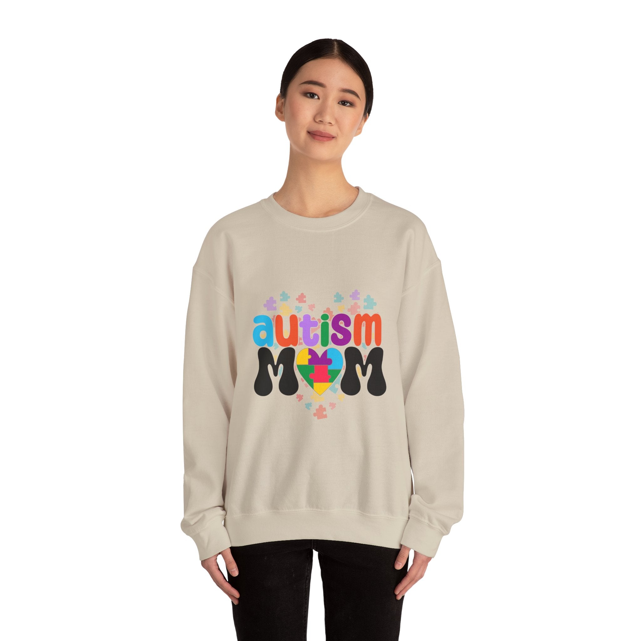 Autism Mom Crewneck Sweatshirt — Colorful Puzzle Heart Awareness Pullover