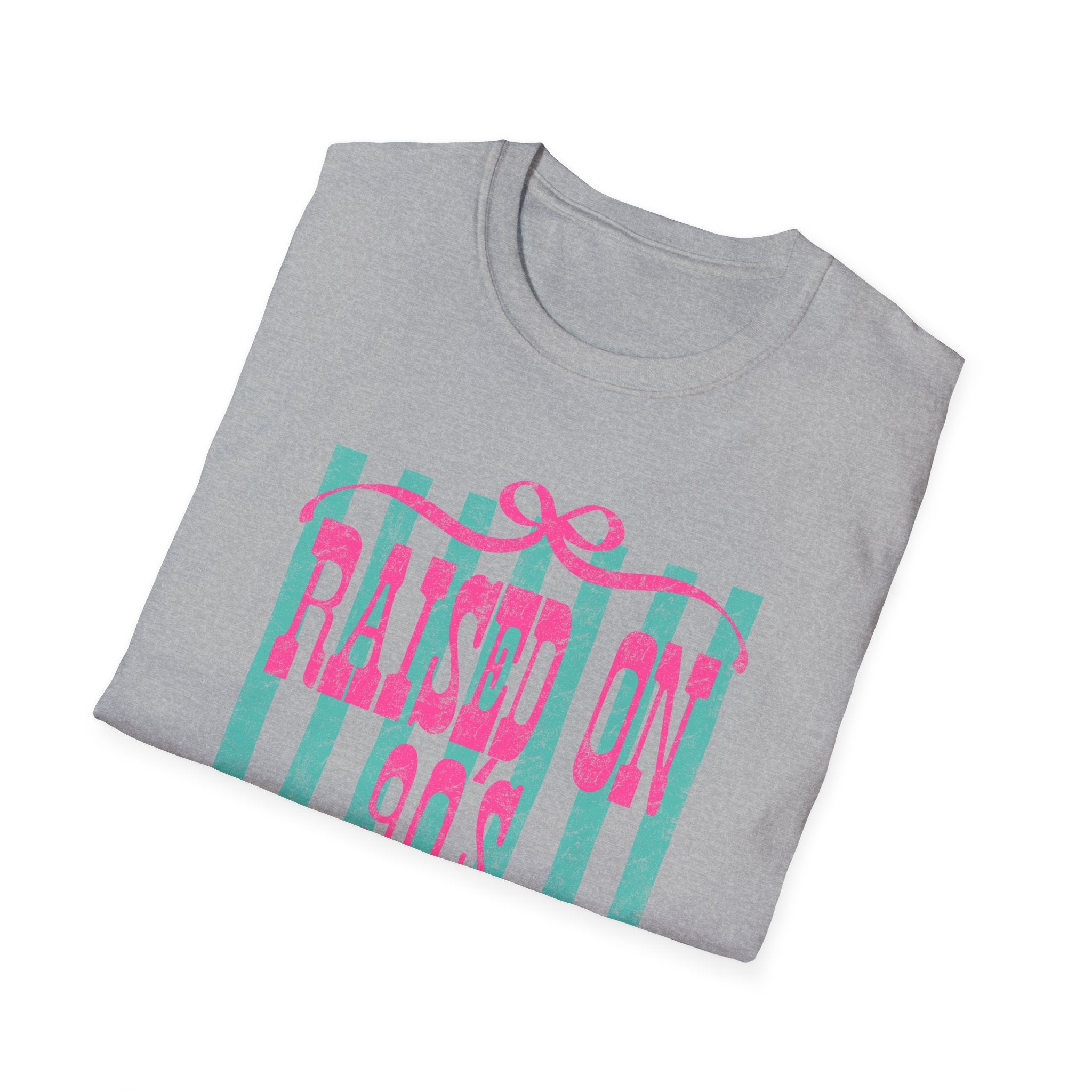 Raised On Rock & Country T-Shirt — Pink Teal Striped Graphic Tee