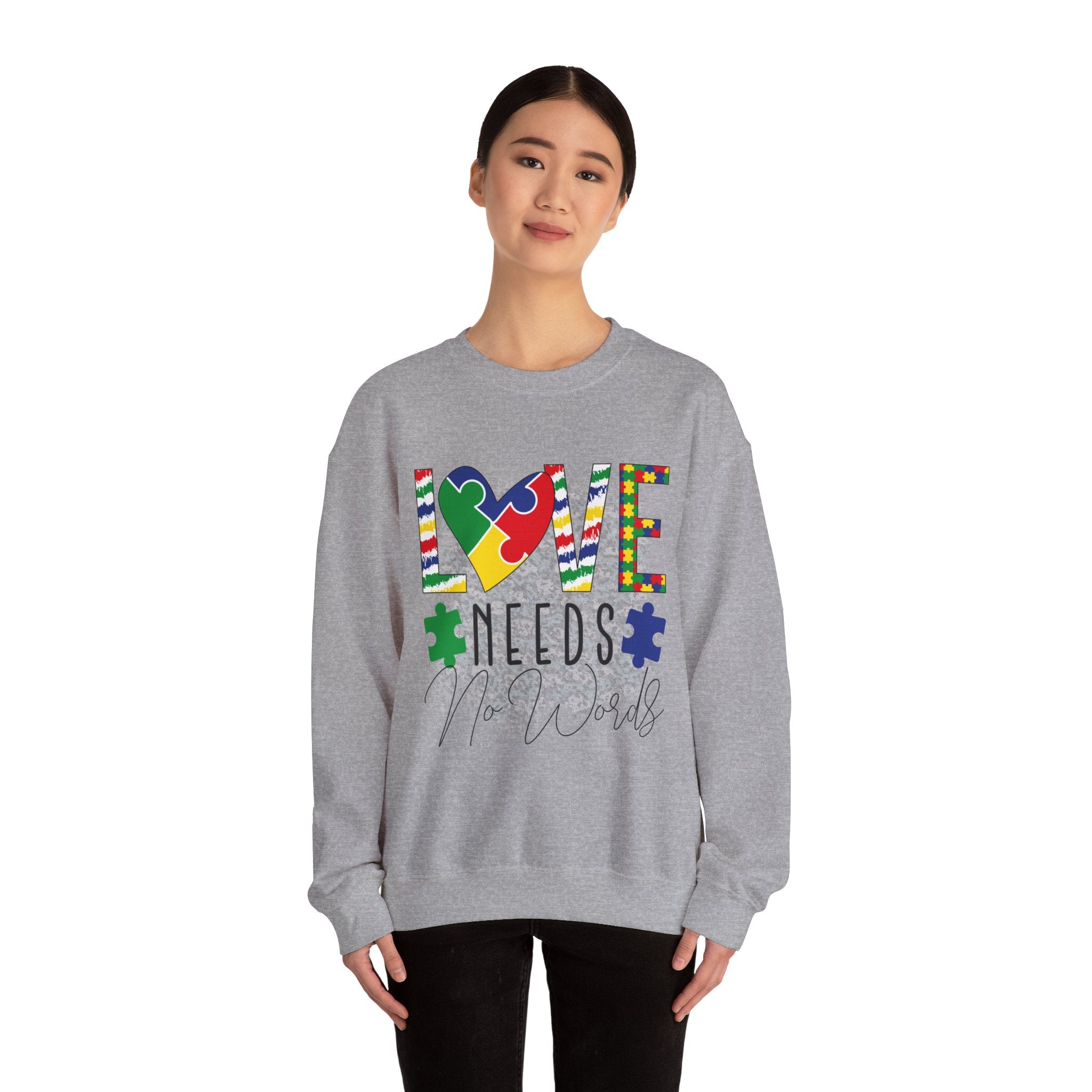 Autism Awareness Crewneck Sweatshirt — "Love Needs No Words" Puzzle Heart Design