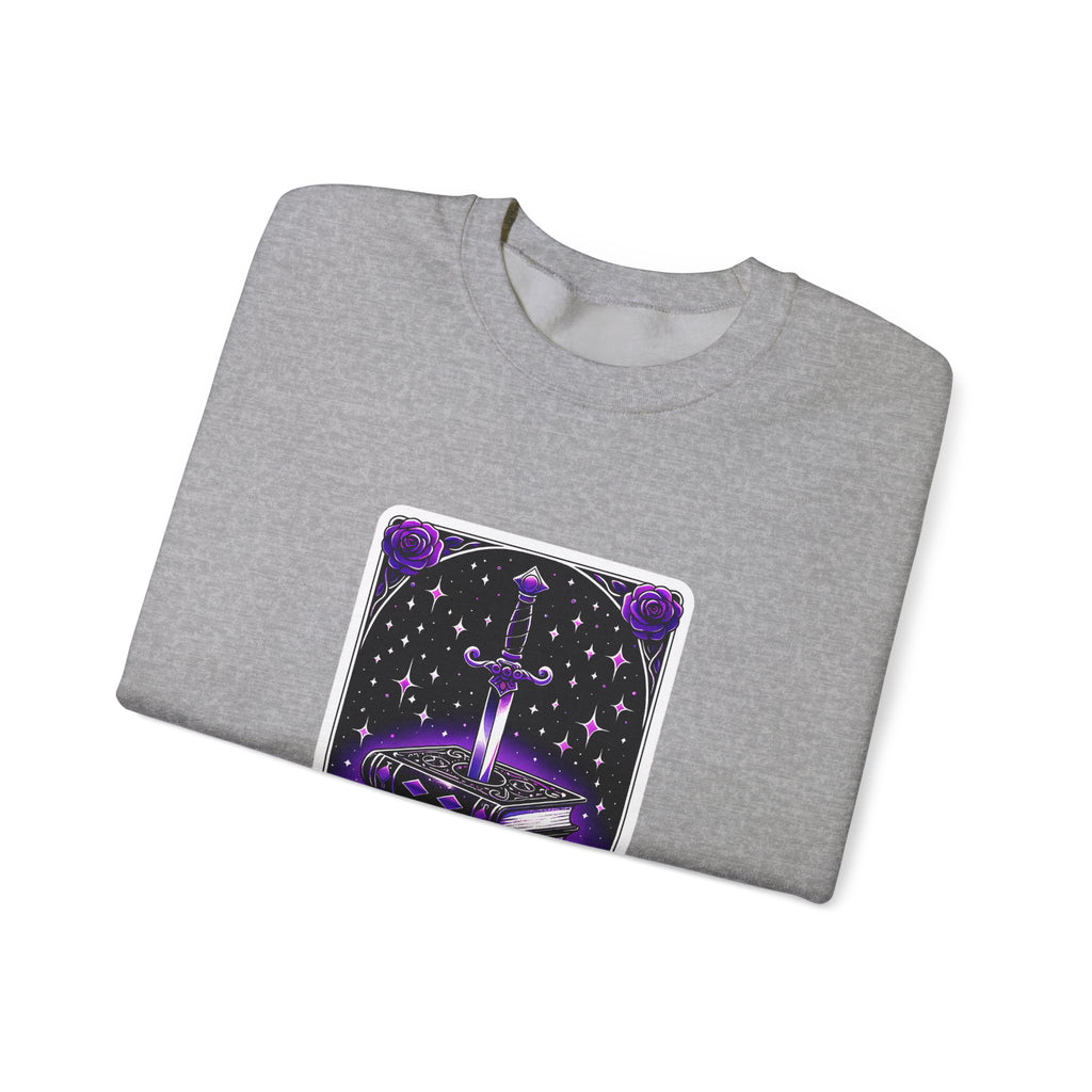Crewneck Sweatshirt — The Bookish Witch: 'The Enchanted Book Club' Purple Sword & Books Graphic