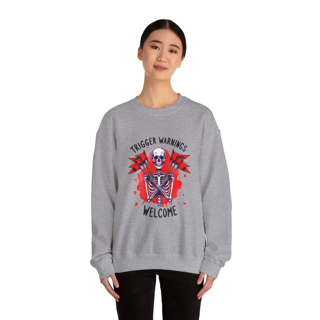 Skeleton Graphic Sweatshirt — "Trigger Warnings Welcome" Gothic Crewneck