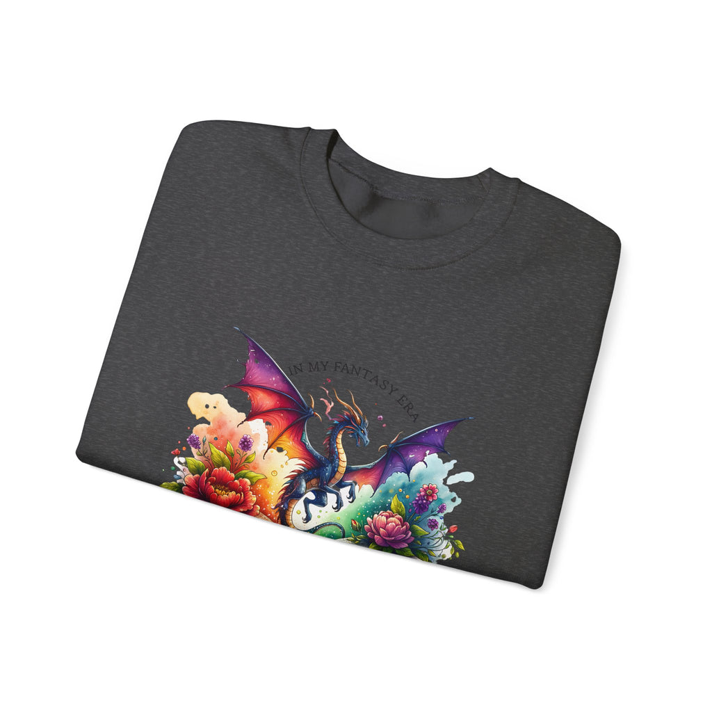 Crewneck Sweatshirt — Fantasy Dragon Emerging From Open Book with Flowers