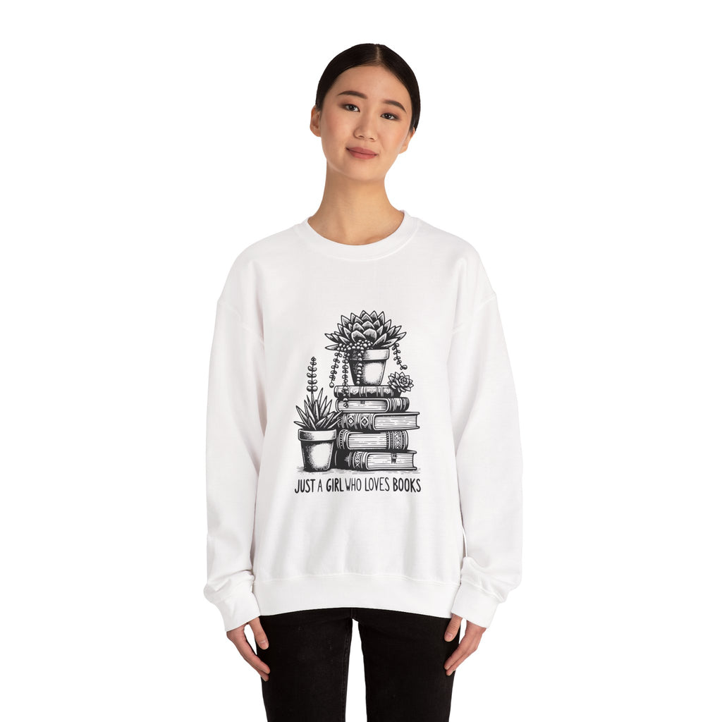 Book Lover Sweatshirt — “Just a Girl Who Loves Books” Cozy Crewneck with Succulent Stack Design