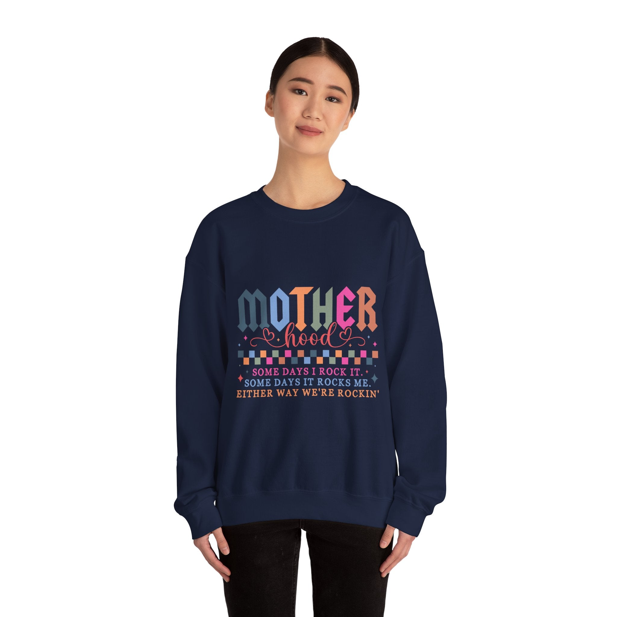 Motherhood Crewneck Sweatshirt — 'Mother Hood' Retro Colorful Mom Pullover