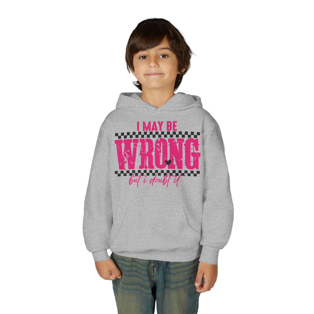 Youth Hoodie — "I May Be Wrong (But I Doubt It)" Pink Checker Graphic