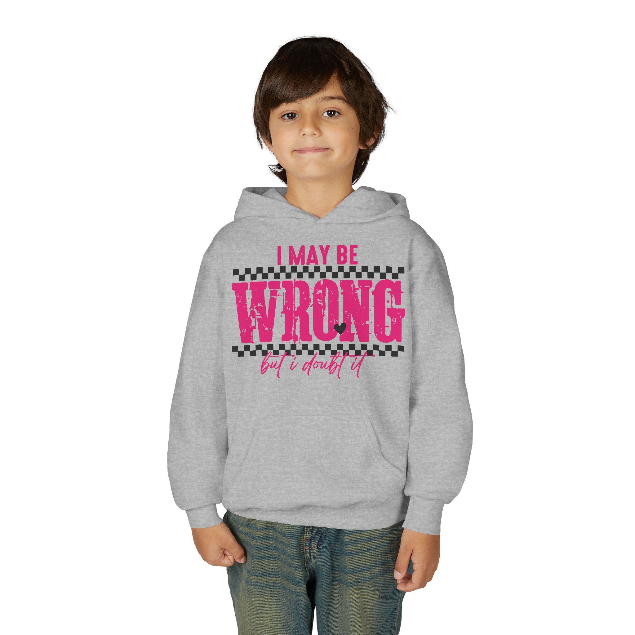 Youth Hoodie — "I May Be Wrong (But I Doubt It)" Pink Checker Graphic