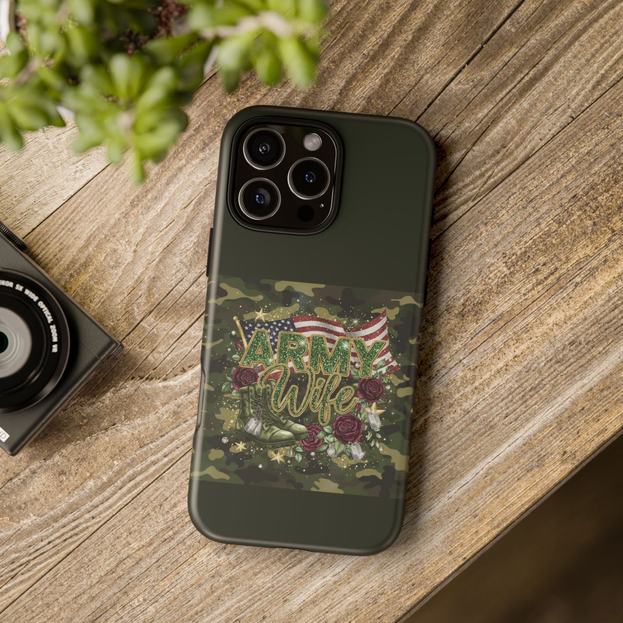 Army Wife Tough Phone Case — Camo Flag Design with Roses