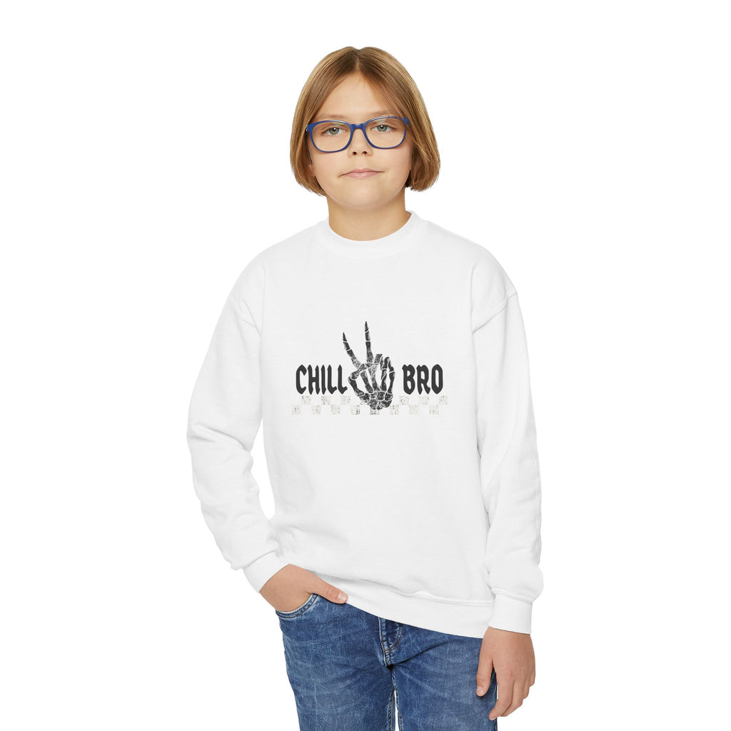 Youth Crewneck Sweatshirt — "Chill Bro" Skeleton Hand Graphic