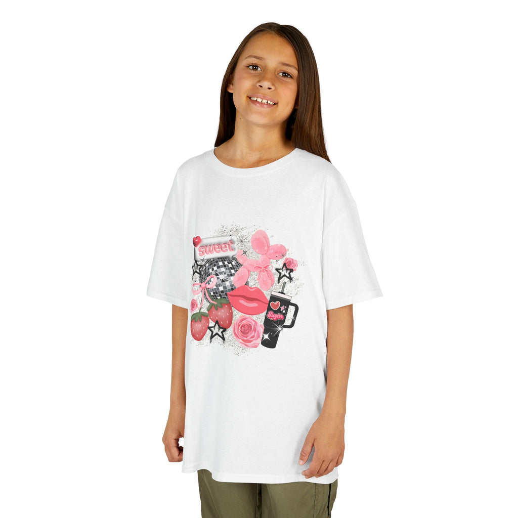 Kids Tee — Pink Floral Sticker Collage (Strawberries, Lips & Gadgets)