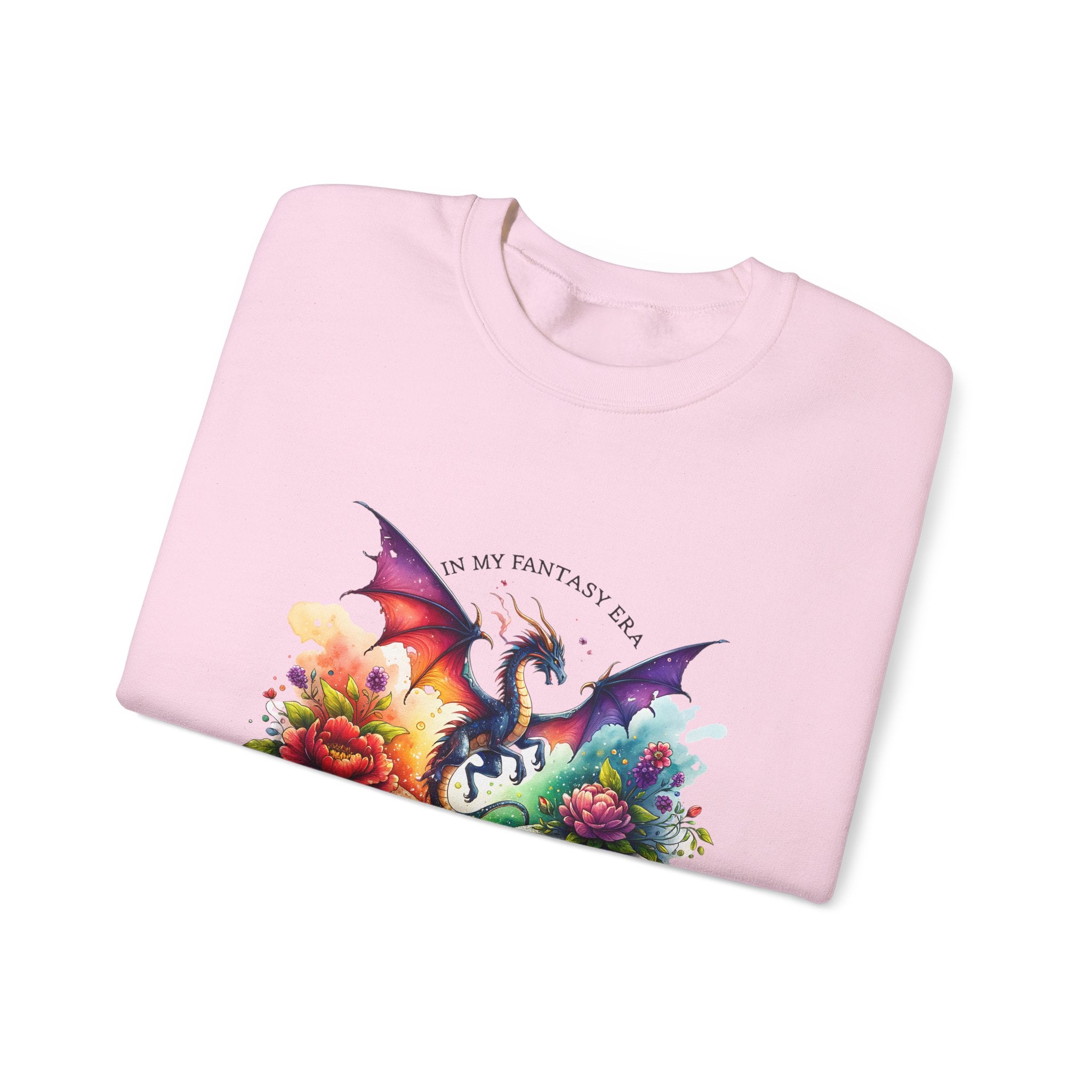 Crewneck Sweatshirt — Fantasy Dragon Emerging From Open Book with Flowers