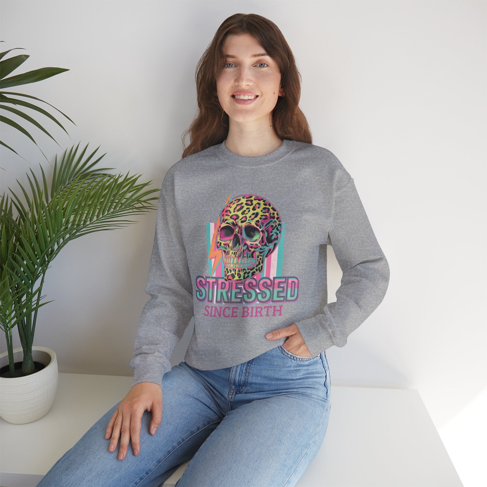 Stressed Since Birth Skull Crewneck Sweatshirt — Retro Neon Leopard Skull Pullover
