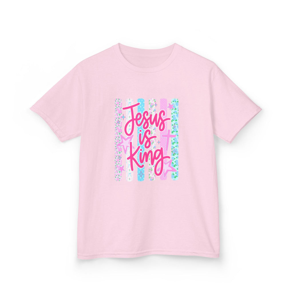 Kids Tee — "Jesus Is King" Pastel Striped Christian T‑Shirt