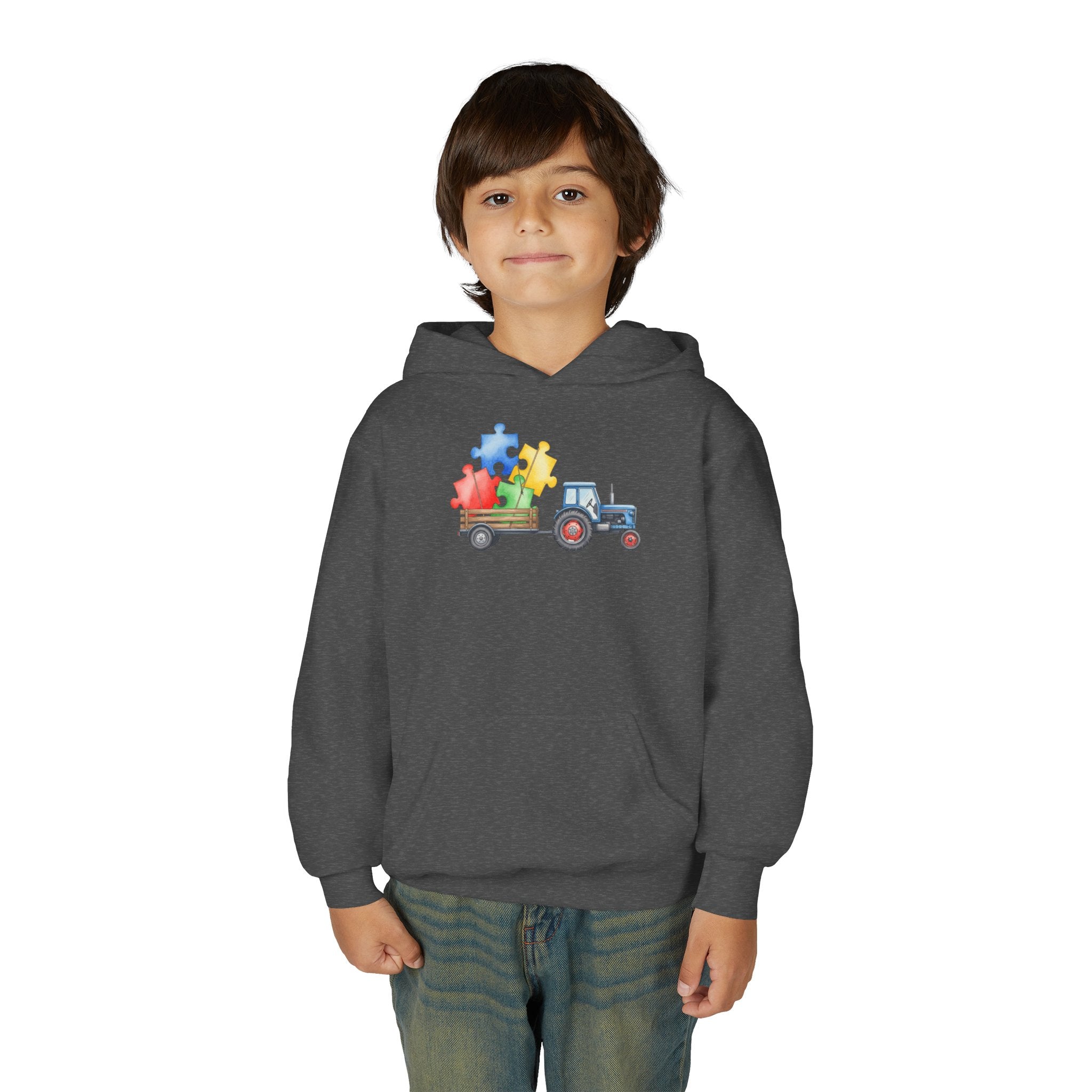 Kids Tractor Hoodie with Colorful Puzzle Pieces — Autism Awareness Youth Sweatshirt