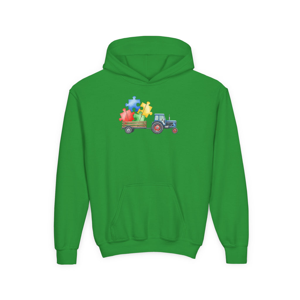 Kids Tractor Hoodie with Colorful Puzzle Pieces — Autism Awareness Youth Sweatshirt