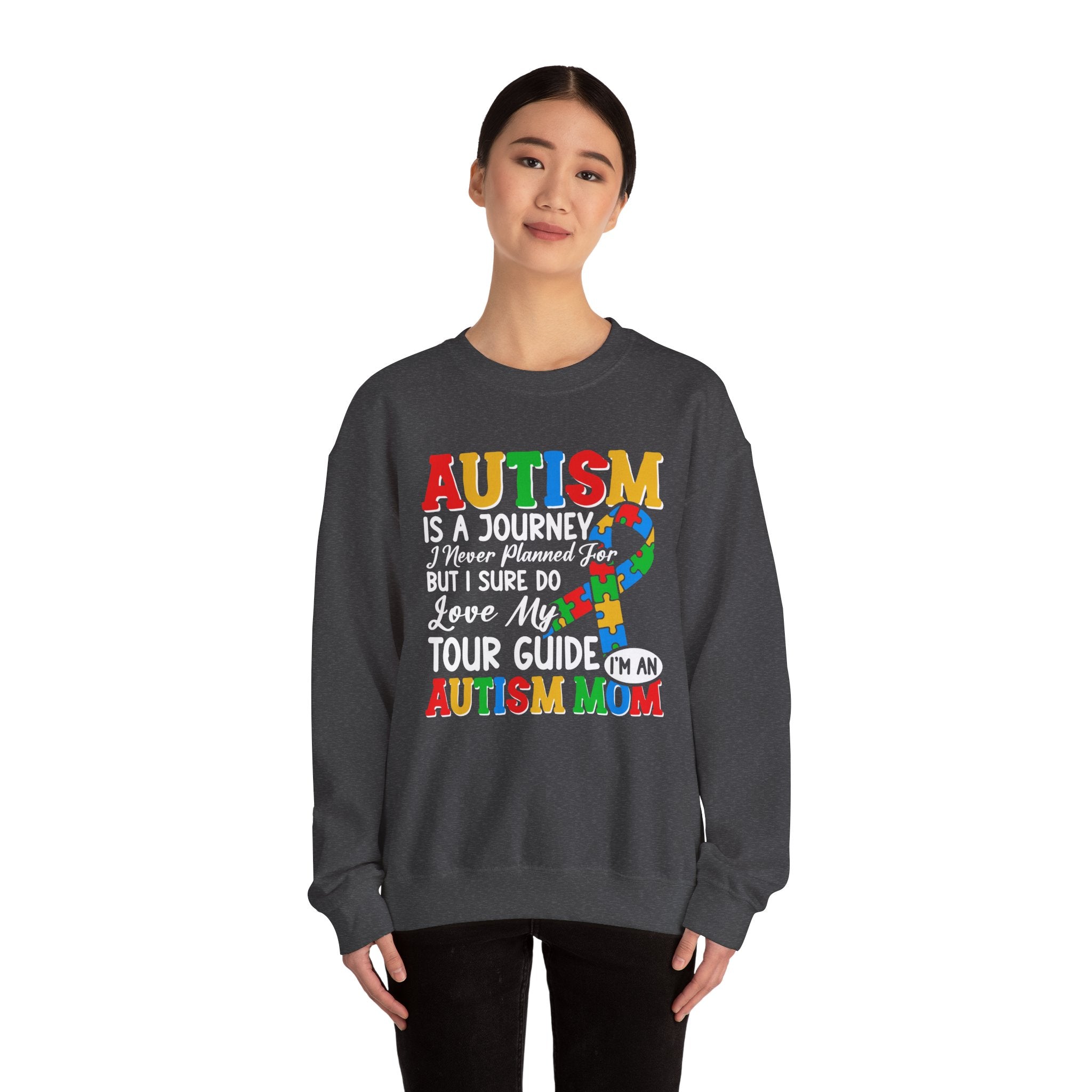 Autism Mom Crewneck Sweatshirt — "Autism Is A Journey" Colorful Puzzle-Heart Design