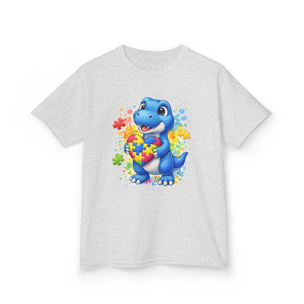 Kids T‑Shirt — Cute Blue Dinosaur Holding Puzzle Heart (Autism Awareness)