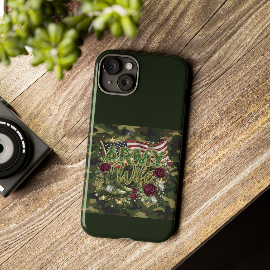 Army Wife Tough Phone Case — Camo Flag Design with Roses