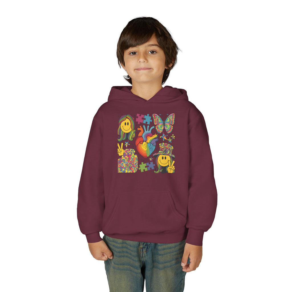 Youth Hoodie — Colorful Retro Smiley & Puzzle Heart Graphic