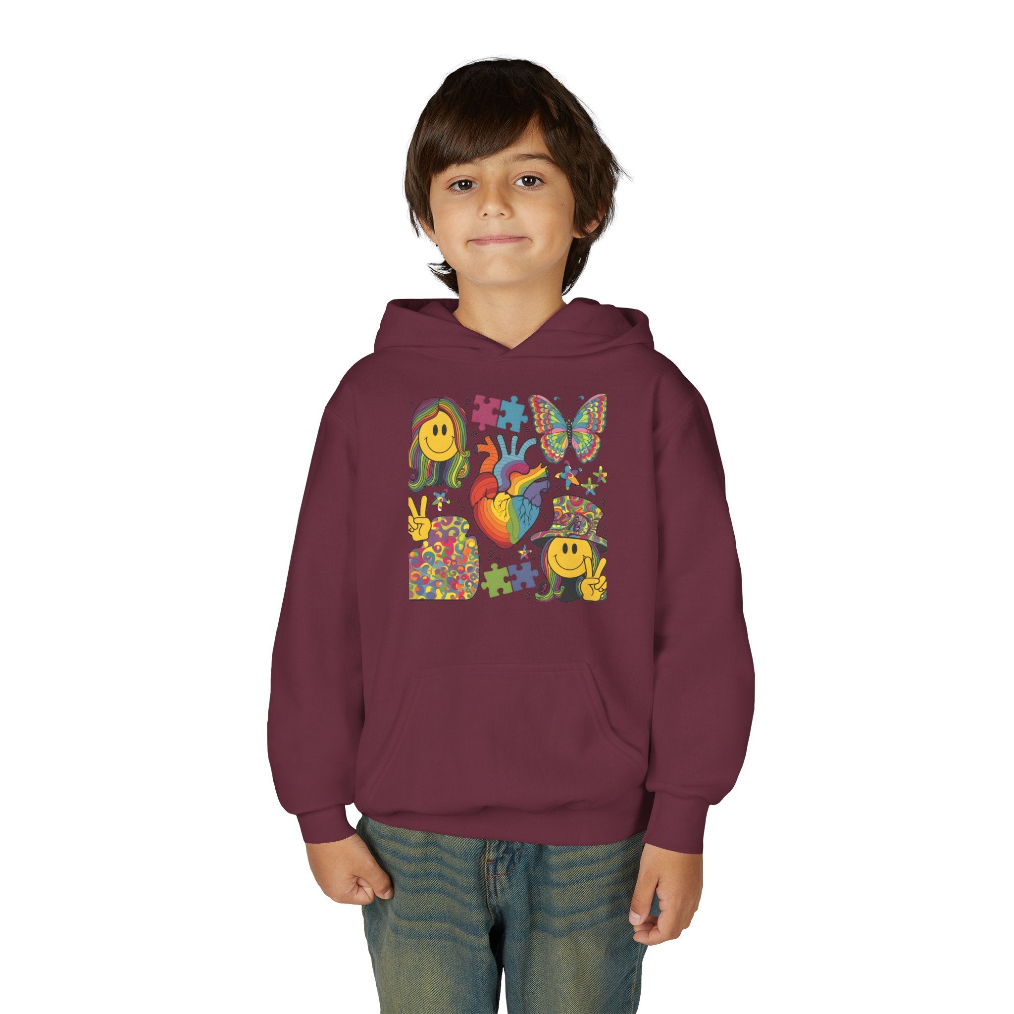 Youth Hoodie — Colorful Retro Smiley & Puzzle Heart Graphic
