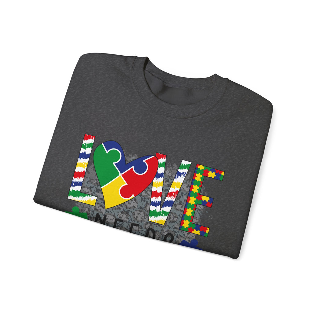 Autism Awareness Crewneck Sweatshirt — "Love Needs No Words" Puzzle Heart Design