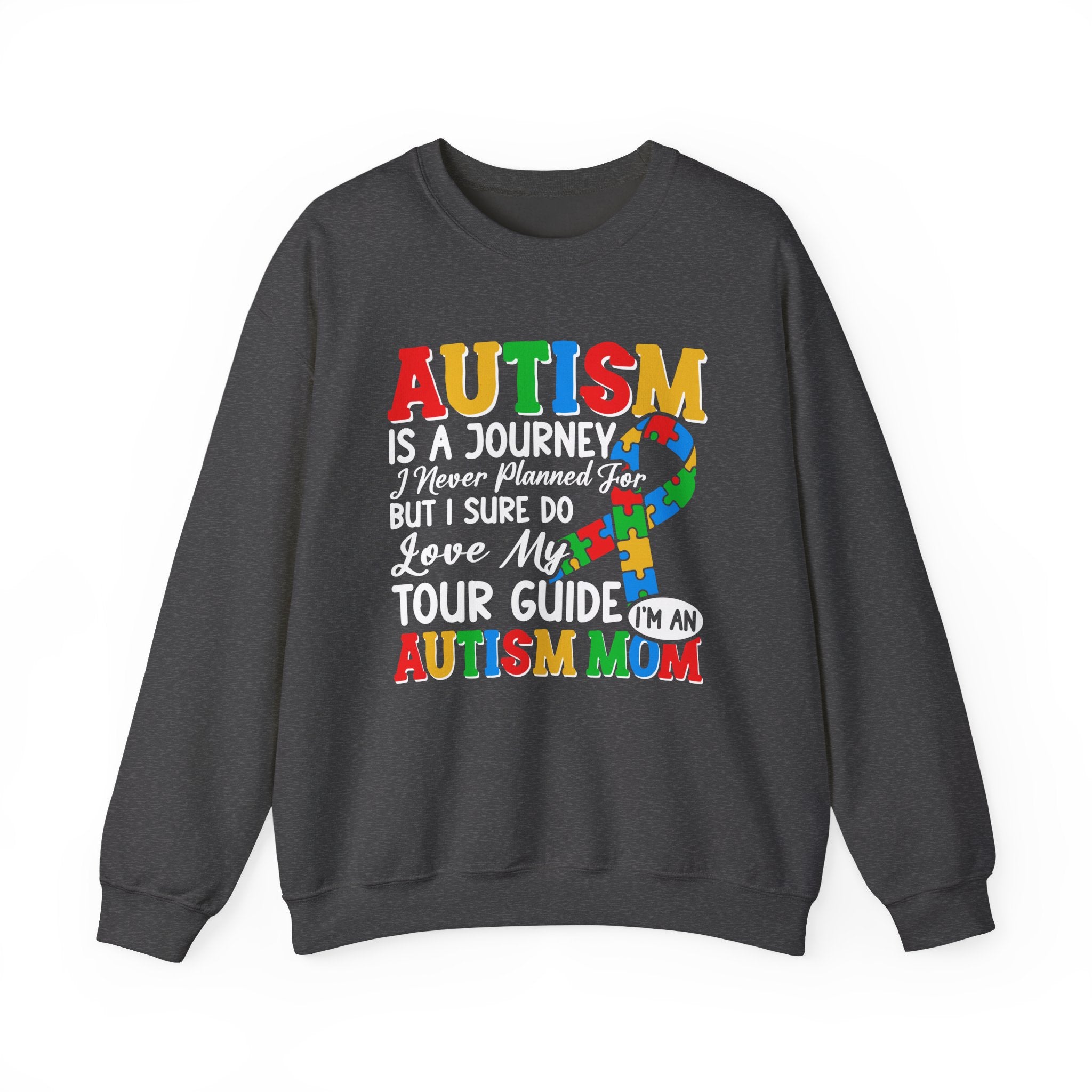 Autism Mom Crewneck Sweatshirt — "Autism Is A Journey" Colorful Puzzle-Heart Design